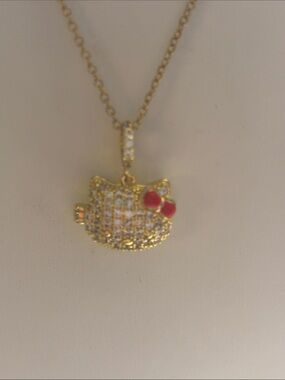 Hello Kitty Gold Pendant Necklace with Red Bow and Crystal Accents locket